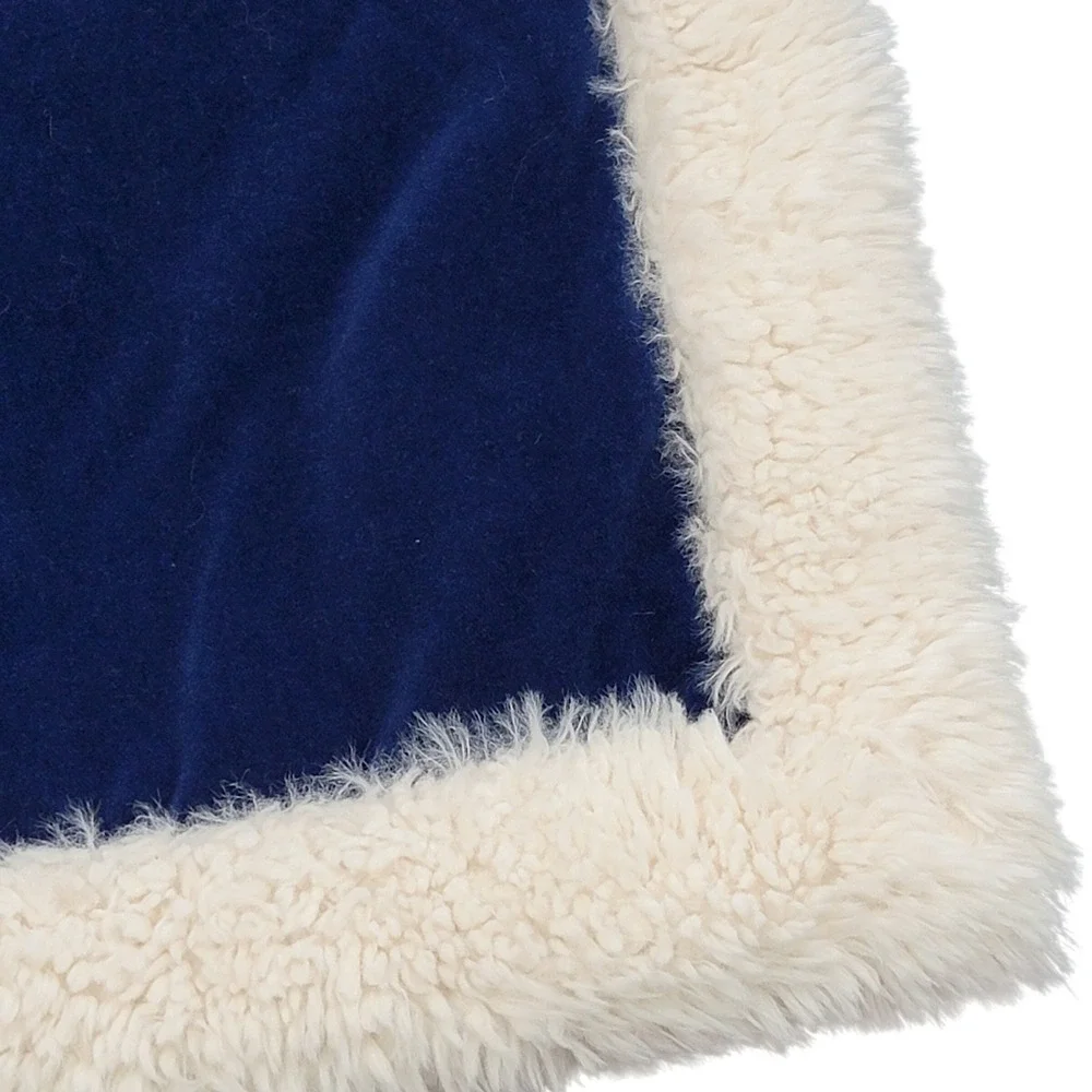 PBteen Pottery Barn Throw Blanket Navy Blue 60 x 47 Cotton Sherpa Faux Fur Trim